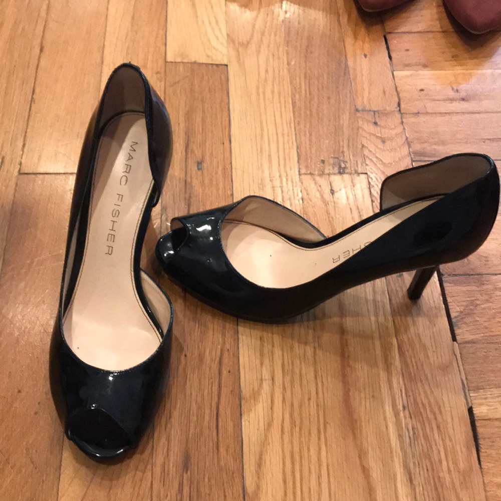Marc Fisher black patent peep toe pumps